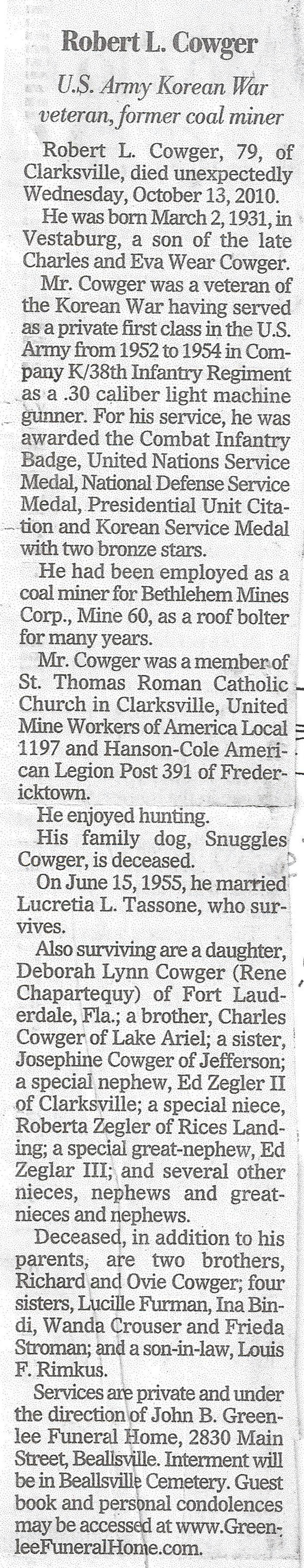 Robert L Cowger obit